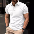 Men's slim fit button-front short sleeve casual shirt in a solid colour on a hanger.