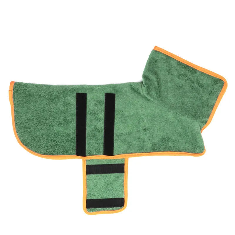 Microfiber dog bathrobe in green with size M measurements for canine drying after bath