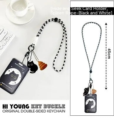 Black cat cartoon design plastic card sleeve with removable fob pendant for bus and student cards