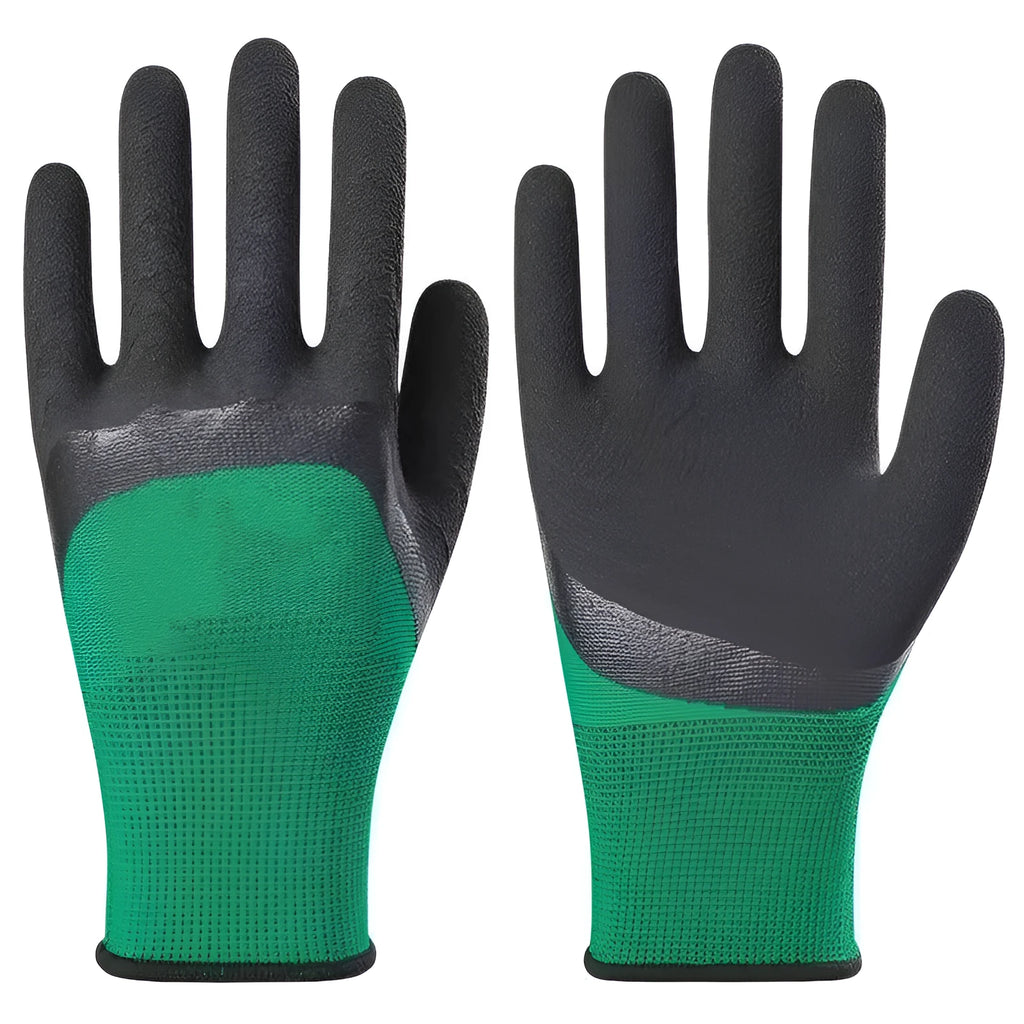 Black and green rubber work gloves with textured palm for non-slip grip, shown from multiple angles.