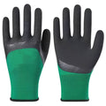 Black and green rubber work gloves with textured palm for non-slip grip, shown from multiple angles.