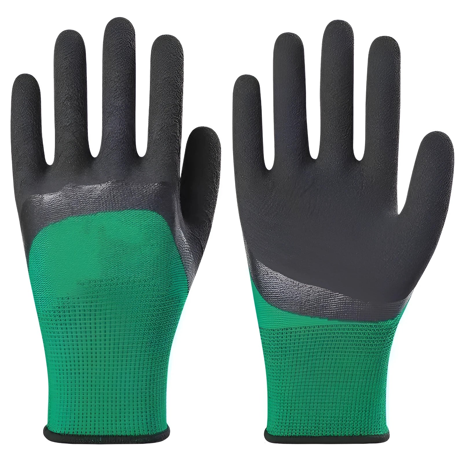 Black and green rubber work gloves with textured palm for non-slip grip, shown from multiple angles.