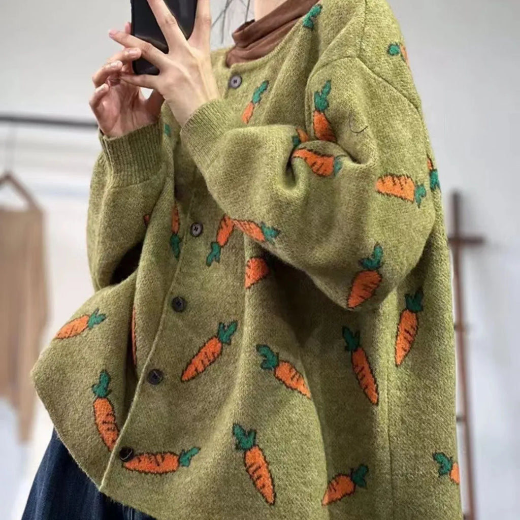 Loose casual cardigan with Mori artistic colour contrast printing, round neck design