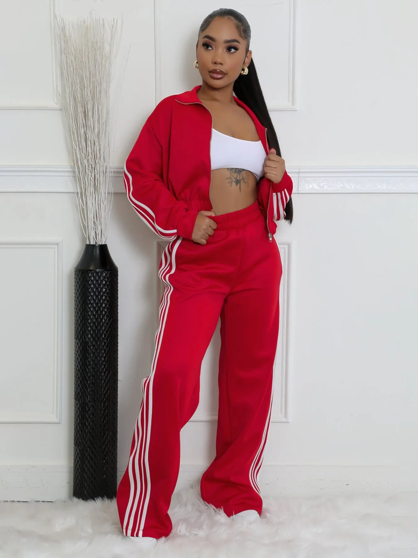 Striped suit zipper thickening sweater two-piece set in polyester fabric with street hipster styling