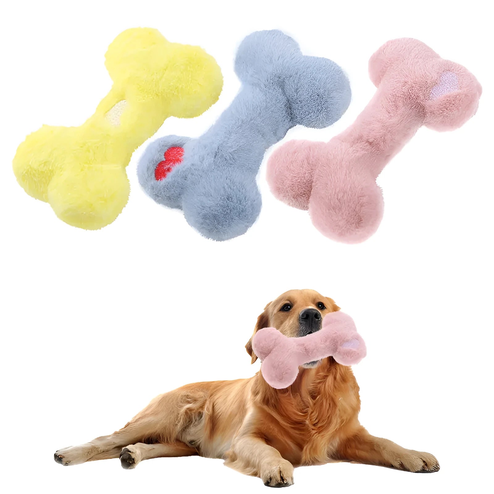 Blue plush love bone dog toy with a vocal element for interactive chewing and play.