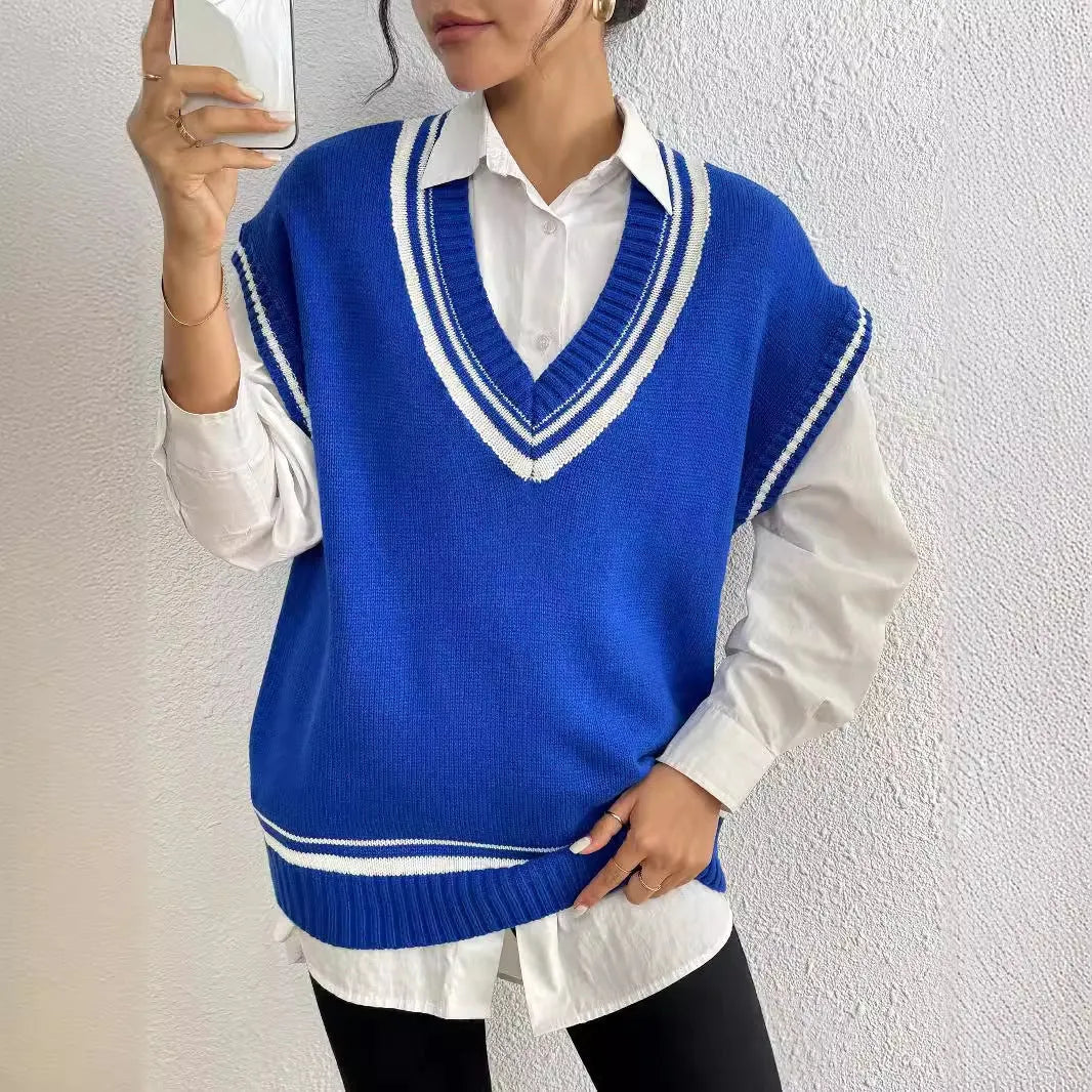 Women's college style vest sweater in acrylic polyester blend fabric, loose fit, available in black blue coffee colours