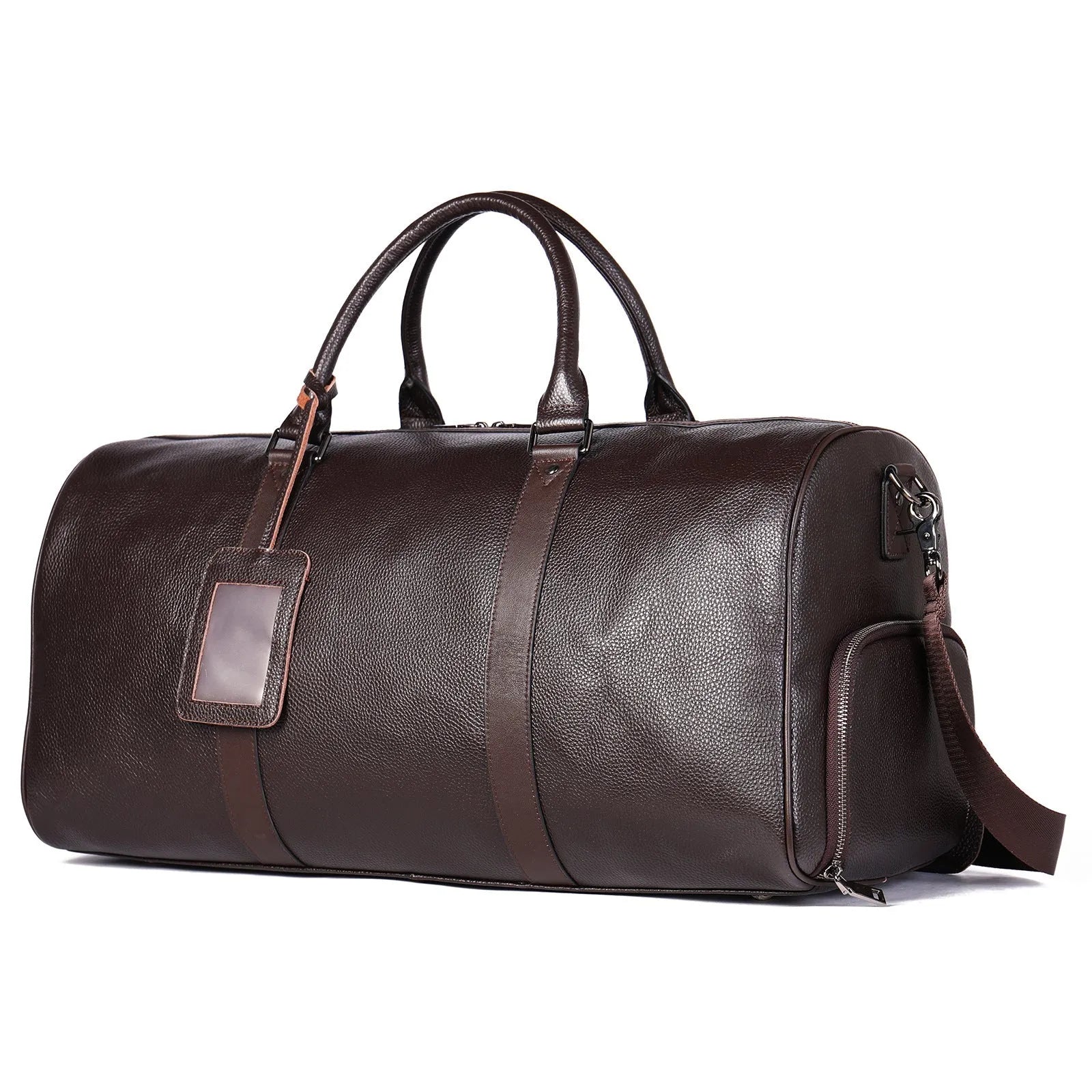Men's black and coffee leather tote bag with single strap in 44cm and 55cm sizes.