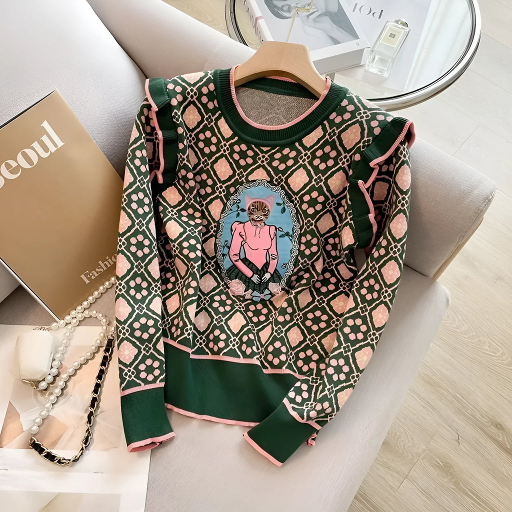 Women's green printed sweater with loose fit and regular sleeves
