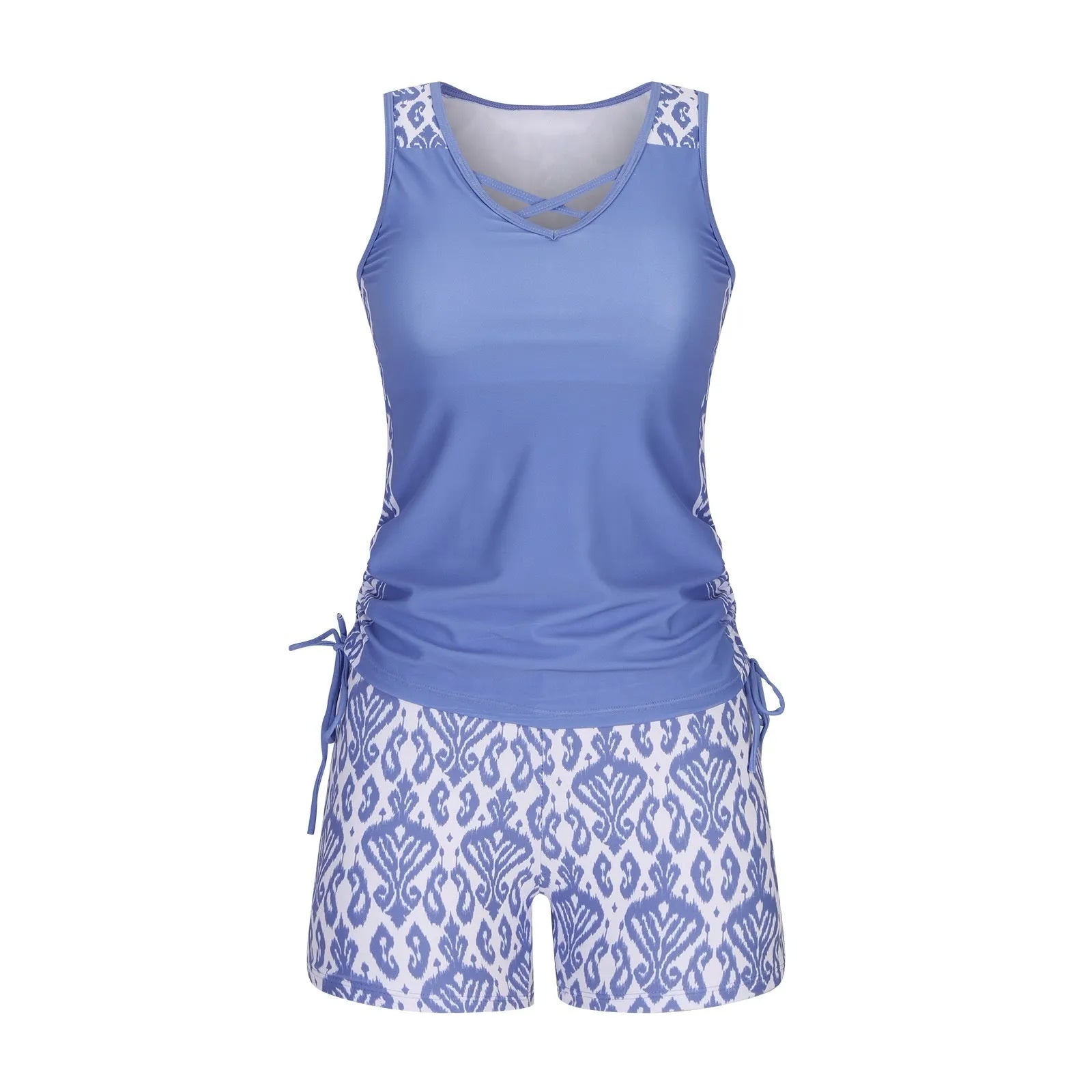 Women's blue floral lace two-piece swimsuit bikini set with matching shorts