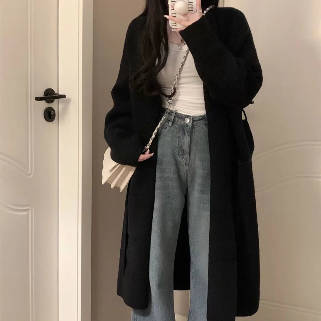 Women's loose chenille knit cardigan in dark grey with 3D effect pattern and long sleeves