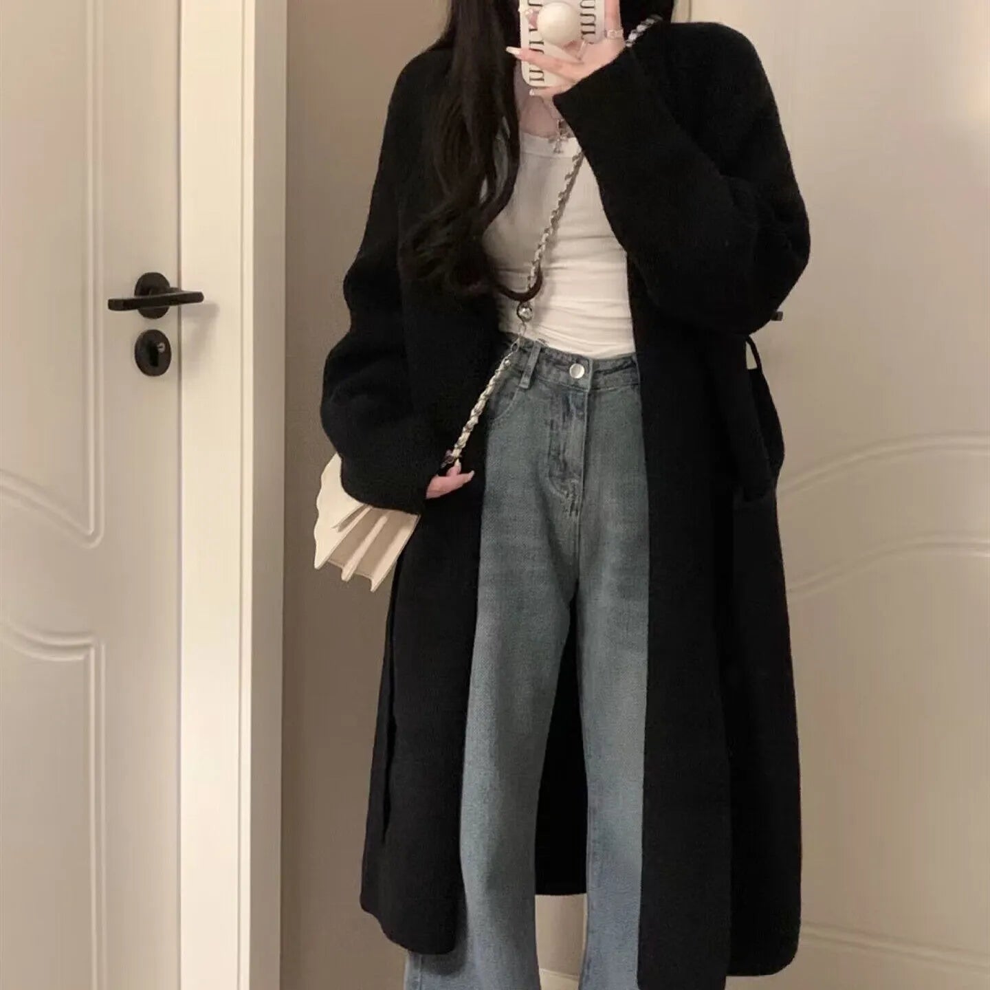 Women's loose chenille knit cardigan in dark grey with 3D effect pattern and long sleeves
