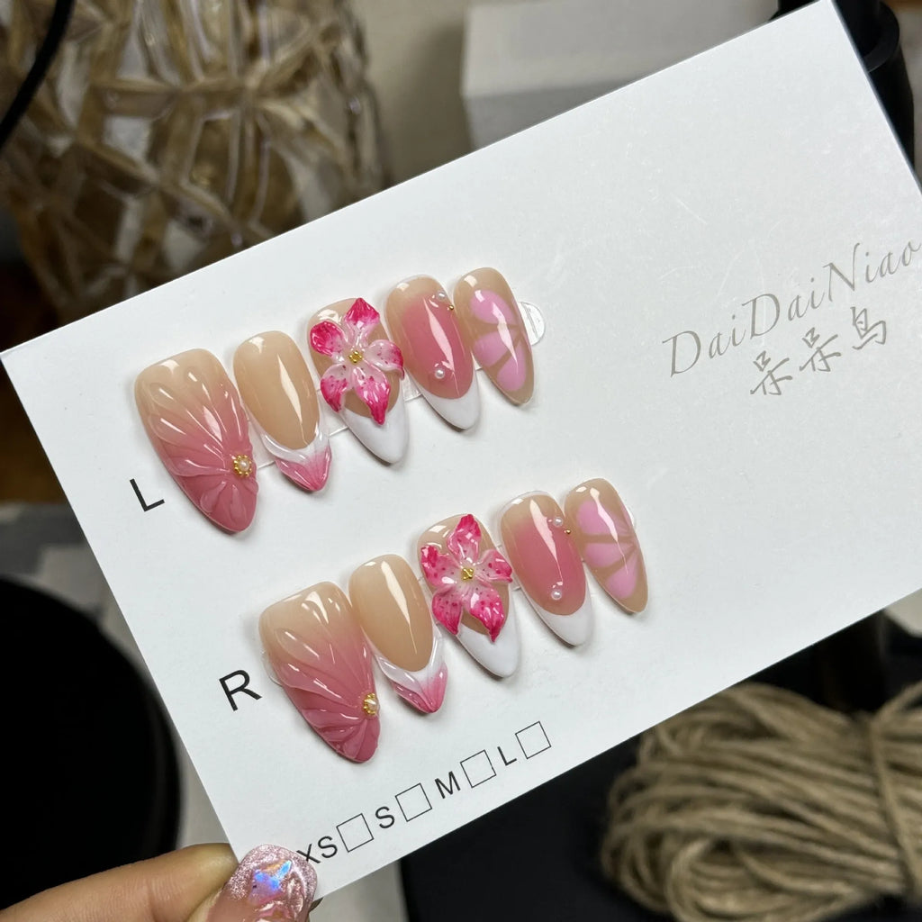 French style three-dimensional lily fluid ice flower nail art stickers in almond shaped plastic armour