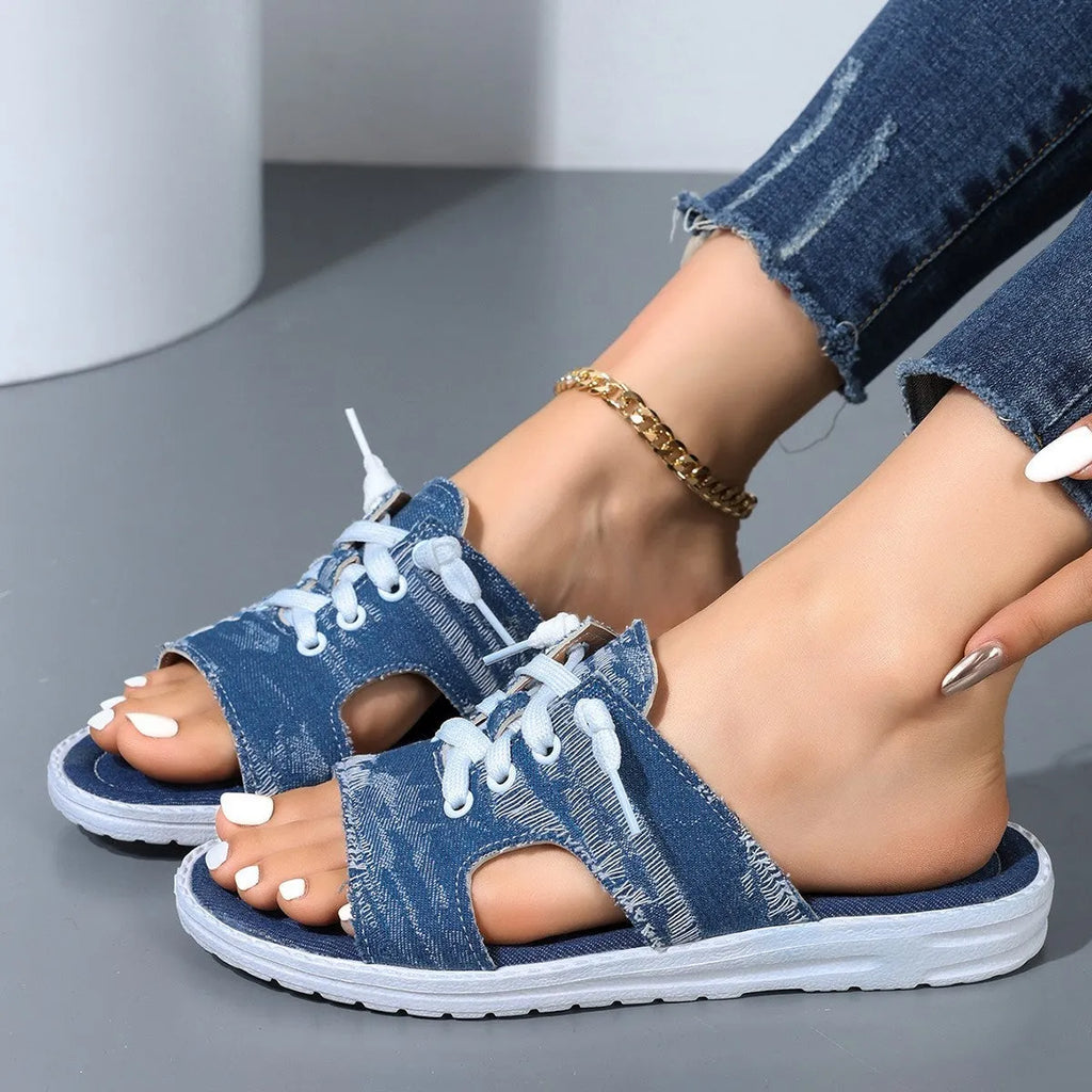 Blue women's flat canvas Roman slippers with a rubber sole, shown in size 36-43.