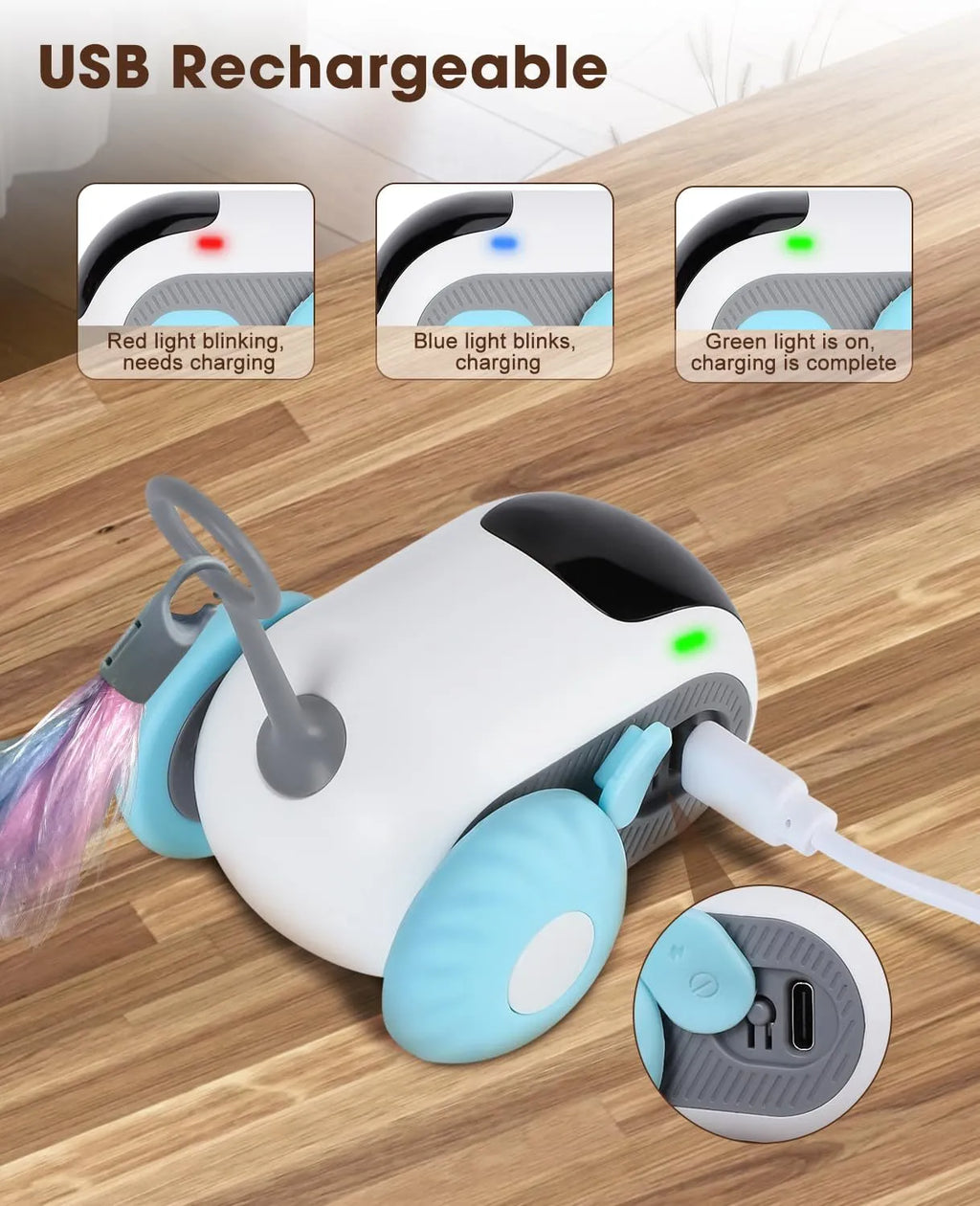 Smart cat toy car with remote control in blue colour showing feather teaser attachment and USB charging port