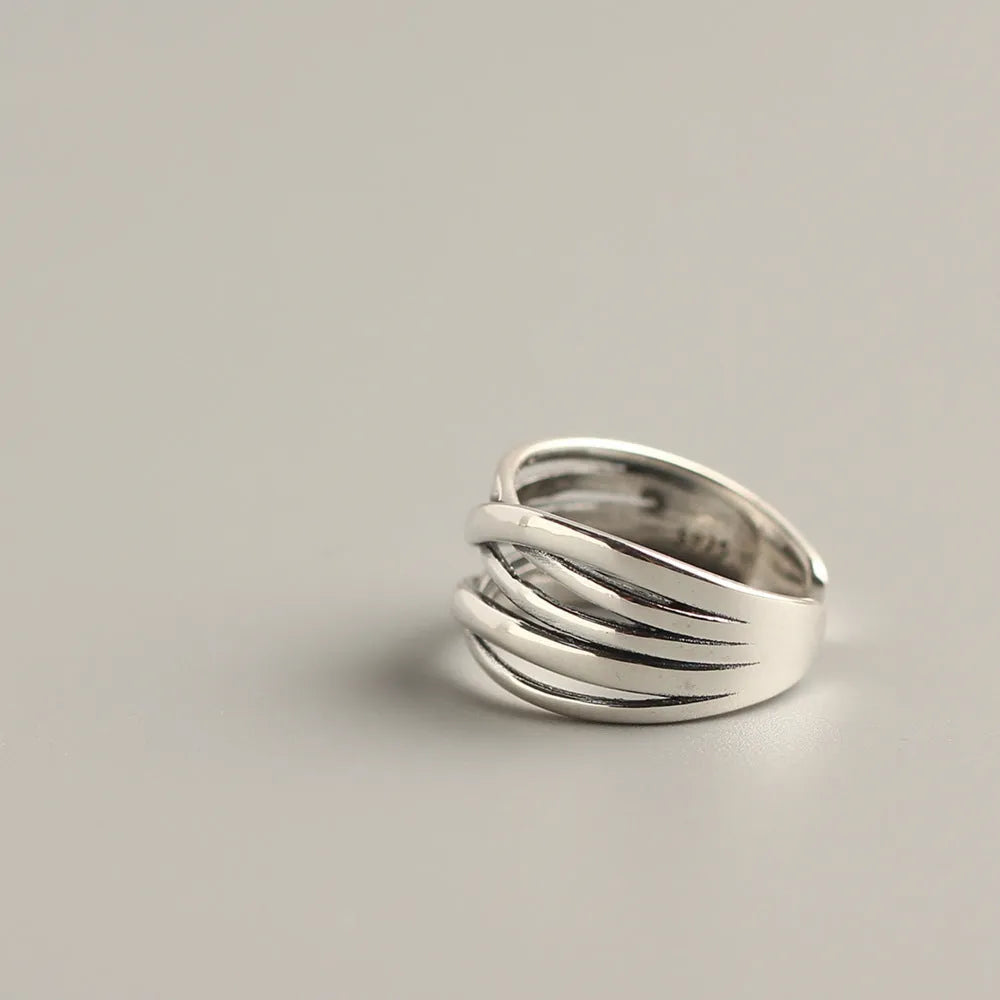 S925 sterling silver vintage weave ring with retro silver finish and adjustable sizing