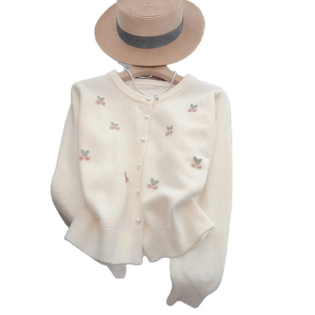 Women's cashmere cardigan with beaded trim in French sweet style, available in four colours