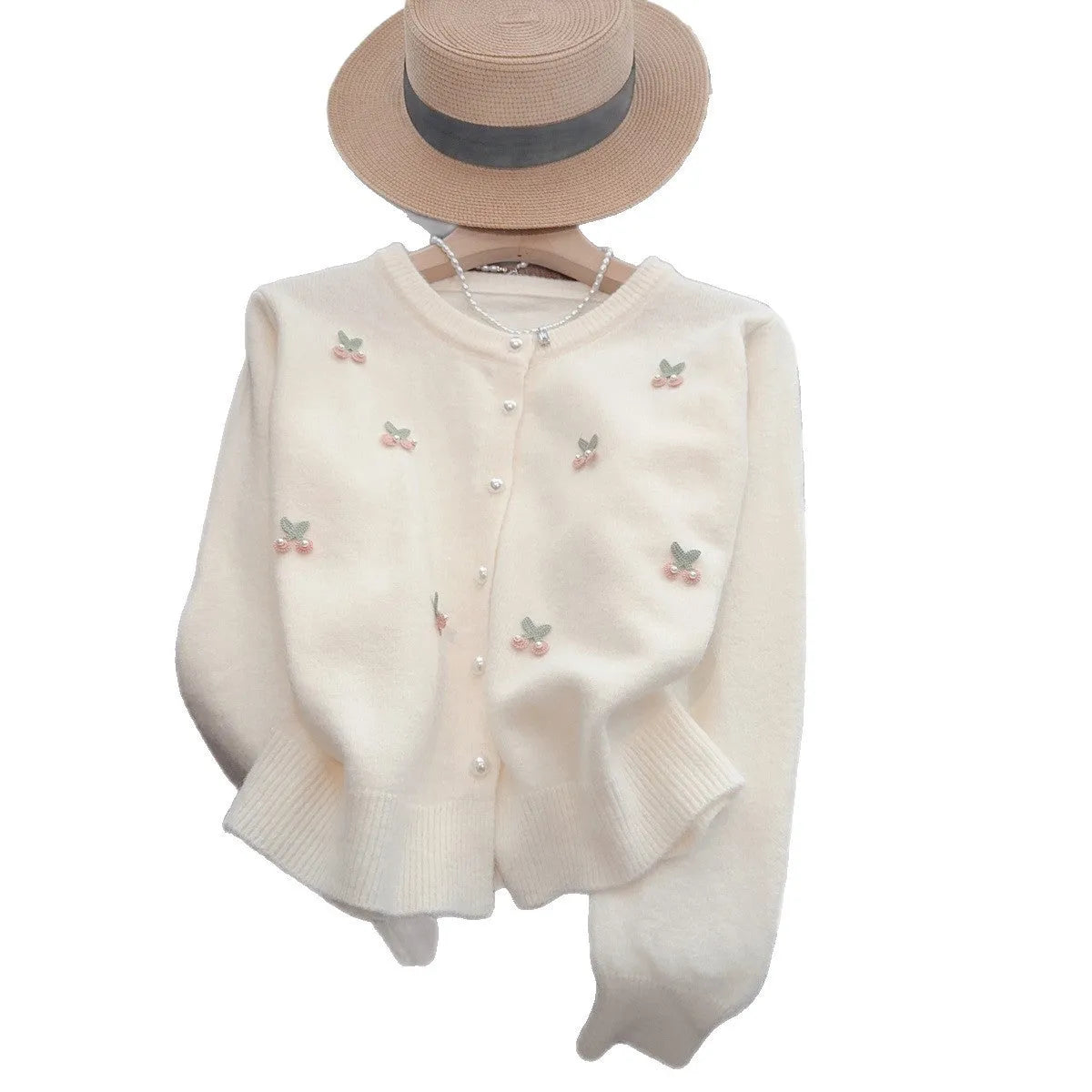 Women's cashmere cardigan with beaded trim in French sweet style, available in four colours