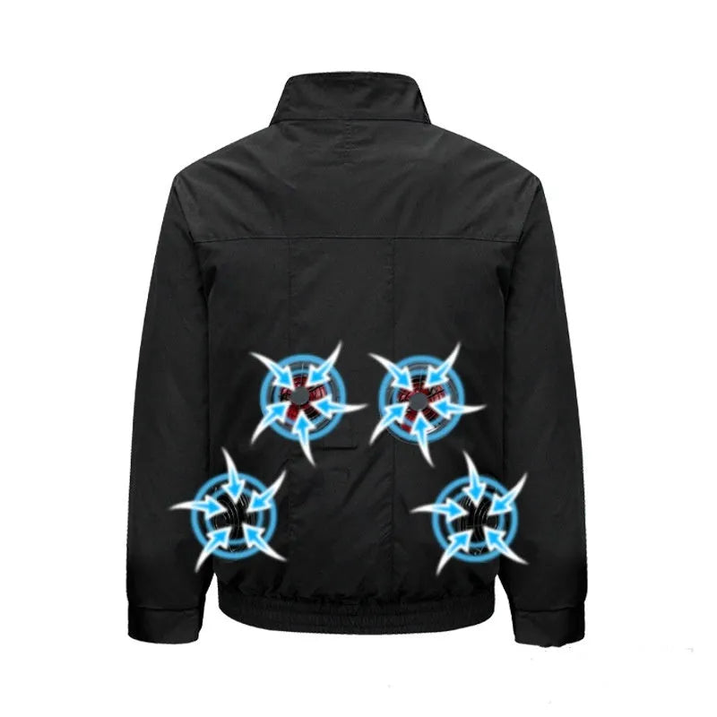 Men's summer work jacket with integrated fan cooling system and ventilation holes