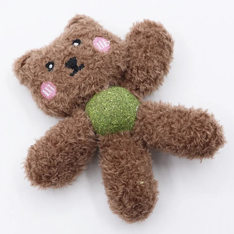 Edible catnip chewing ball in plush animal design with cat grass filling for dental cleaning