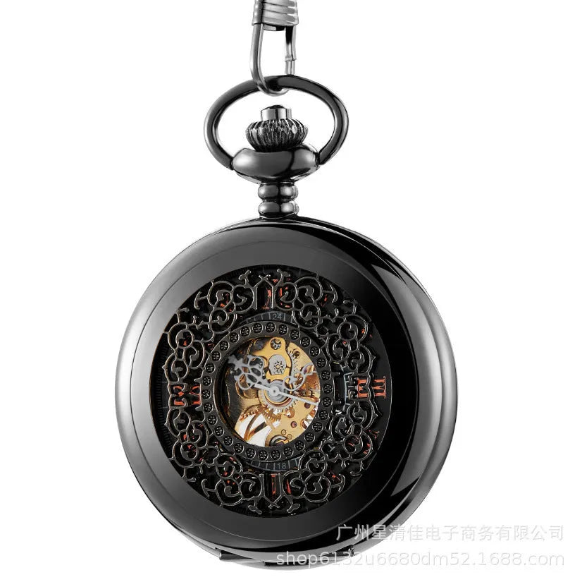 Retro hollow floral print mechanical pocket watch with transparent case back in gold colour.