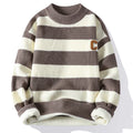 Men's autumn letter stripes mock neck sweater in gray, loose fit nylon knit pullover with long sleeves, casual style