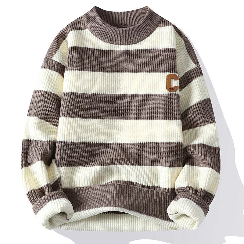 Men's autumn letter stripes mock neck sweater in gray, loose fit nylon knit pullover with long sleeves, casual style