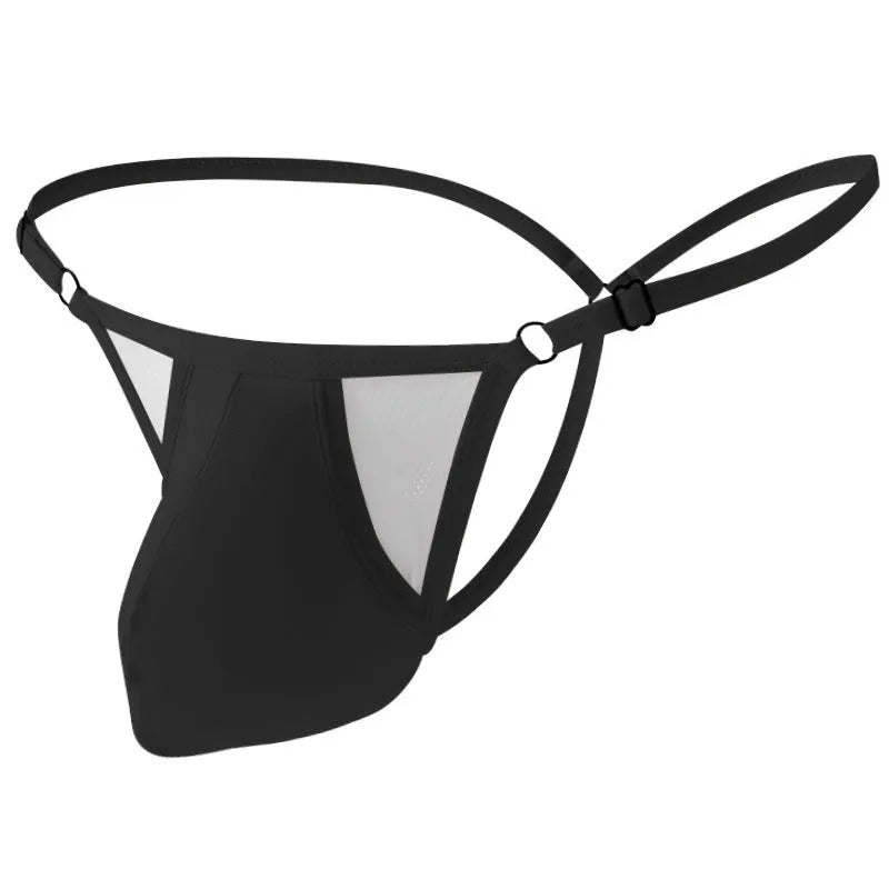 Men's low-waist ice silk briefs in a T-back design with thin straps, shown in multiple colours.