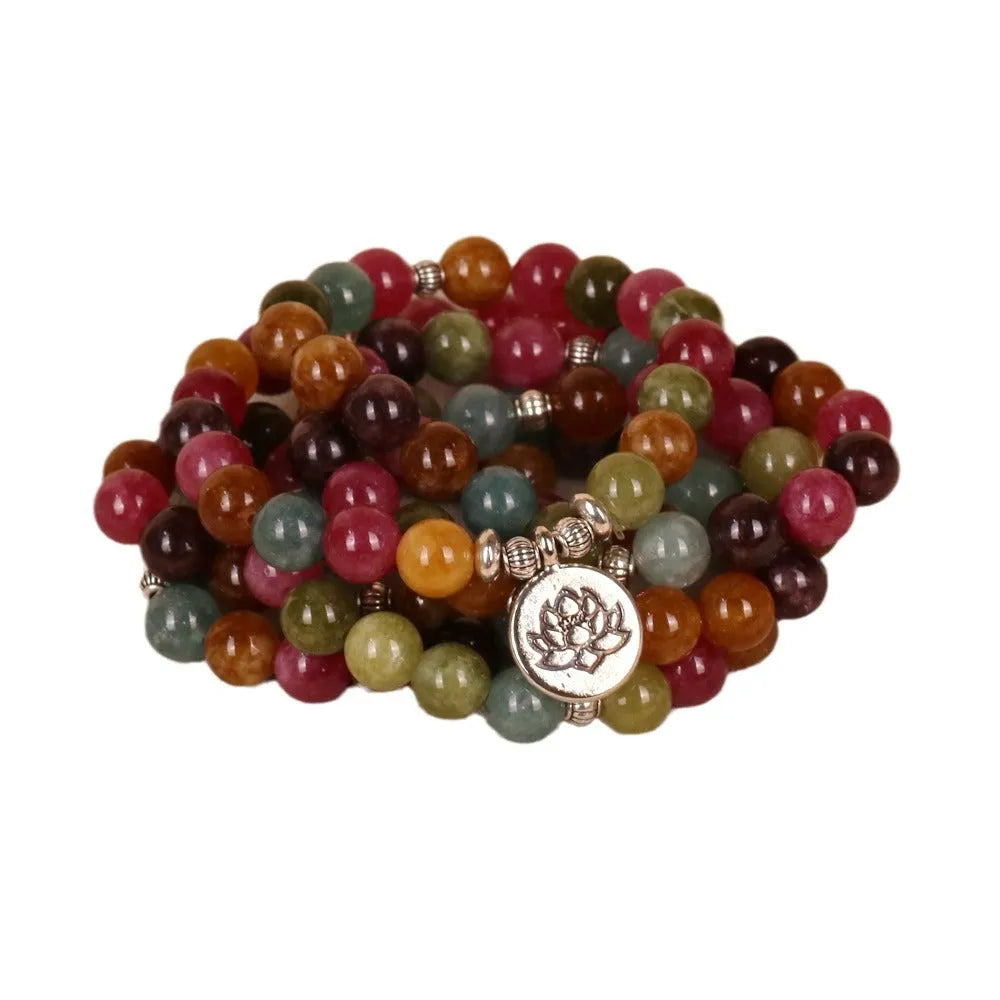 108-bead multi-layer bracelet with lotus hanging and tourmaline accents on alloy chain
