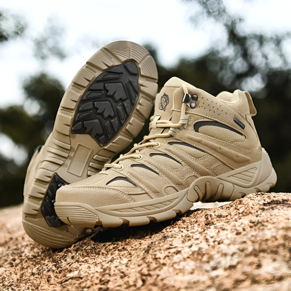 Outdoor high-top hiking boots for men, polyester fabric, black colour, side view