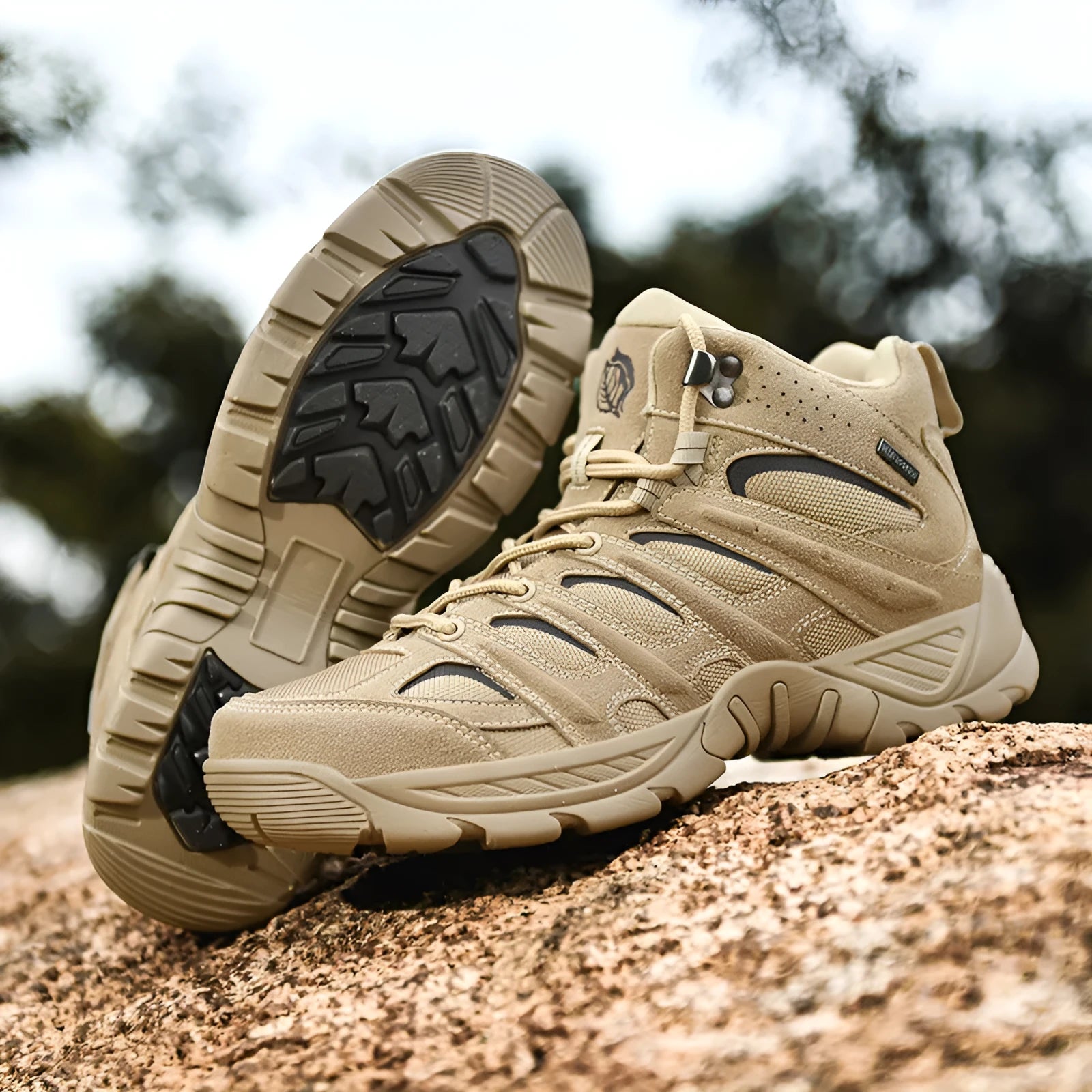 Outdoor high-top hiking boots for men, polyester fabric, black colour, side view