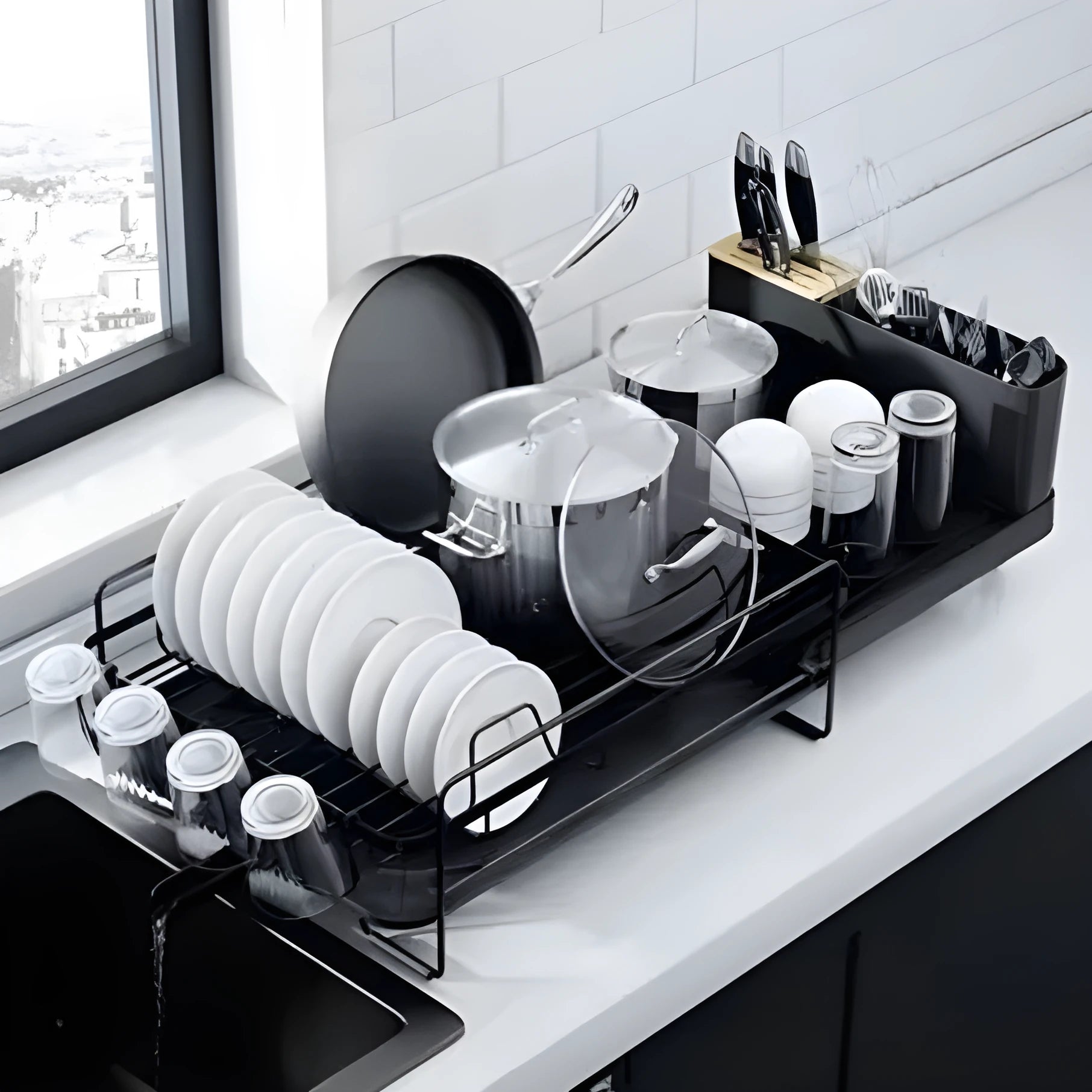 Retractable foldable carbon steel kitchen dish drying rack with detachable cutlery holder.
