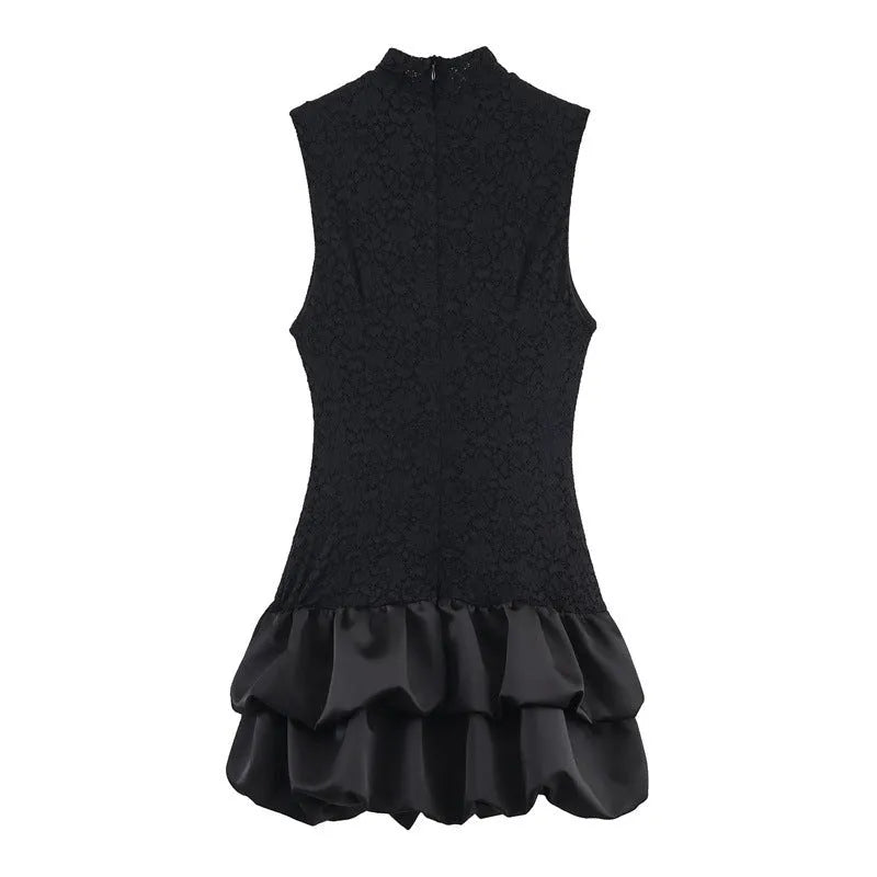 Women's simple stitching lace short dress with asymmetric skirt, black, stripes, cotton blend, summer