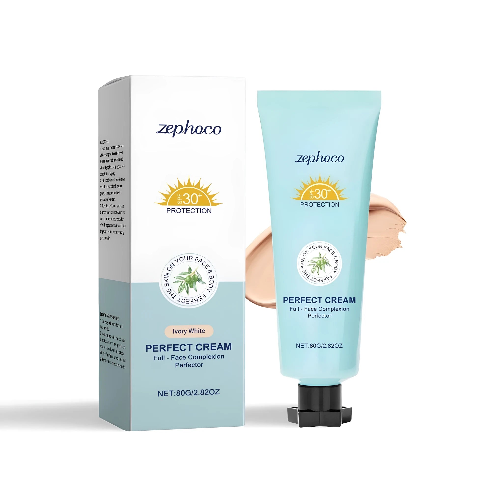 Bottle of curdling sunscreen liquid foundation in three shades: dark skin, ivory white, natural colour.