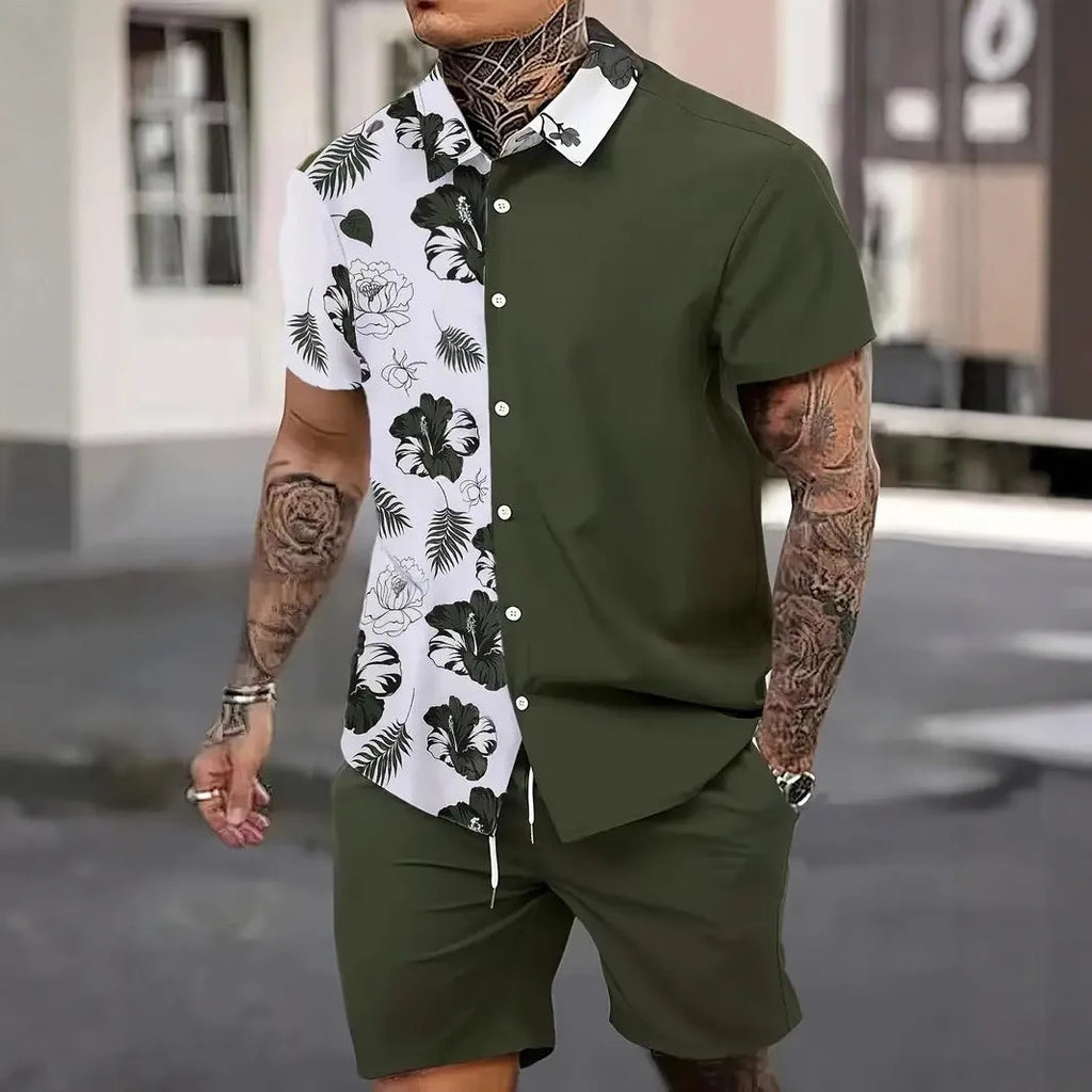 Man wearing a blue Hawaiian print short sleeve shirt and matching shorts from the casual suit set.