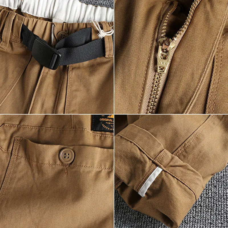 Men's khaki cotton work trousers showing N I buckle belt and three-dimensional cutting detail