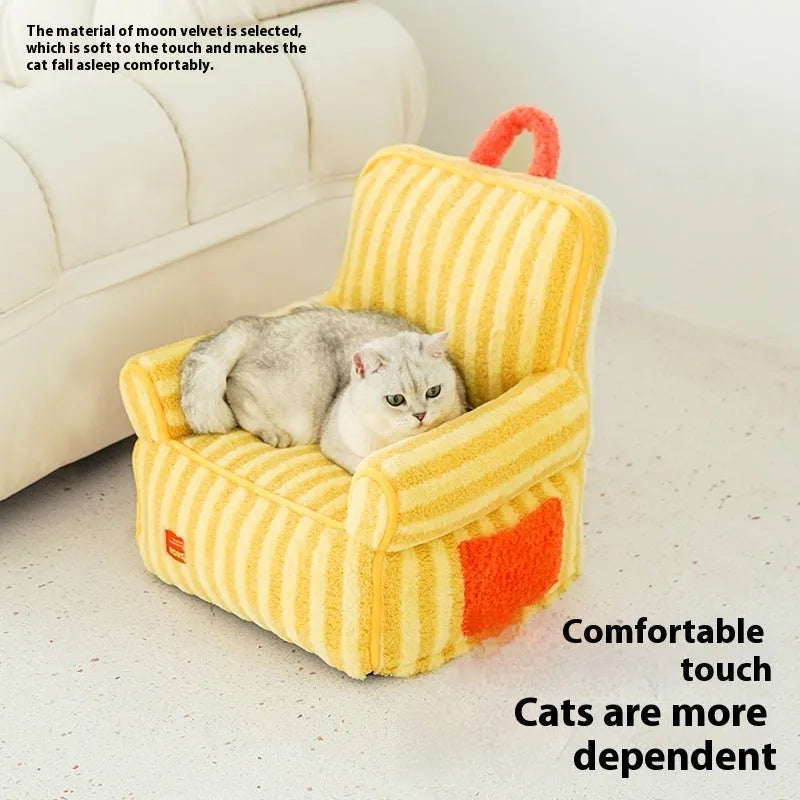 Striped orange soft velvet pet bed with a removable washable cover for dogs and cats.