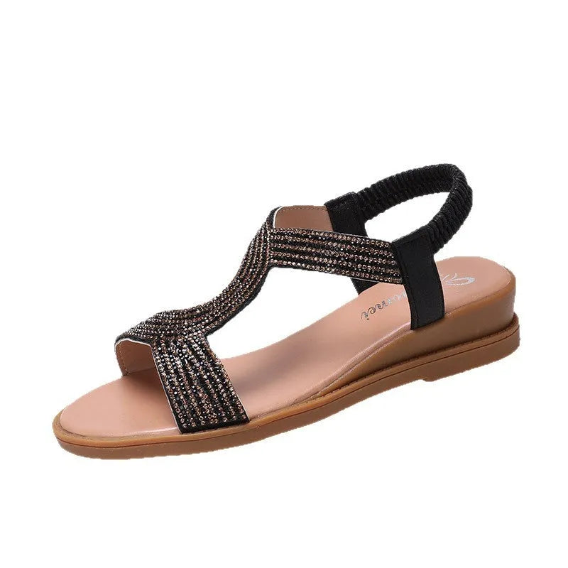 Women's patent leather summer sandals with rhinestone decoration in gold, silver, or black colours