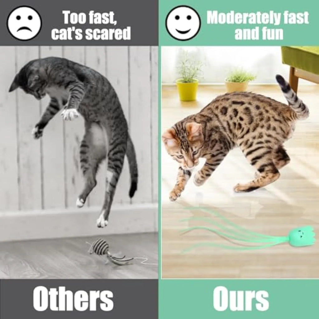 Green automatic cat toy with swinging silicone tails on a white surface