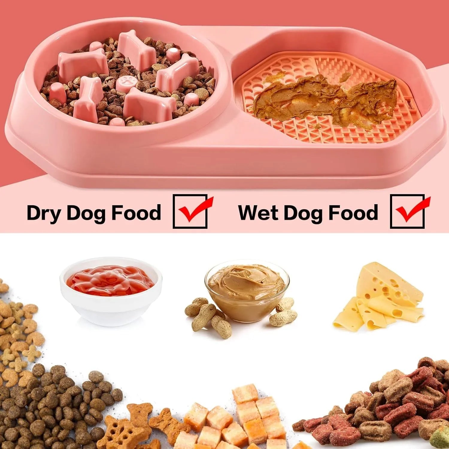Blue interactive slow feeder dog bowl with maze pattern for anti-gulping, shown with four non-slip pads.