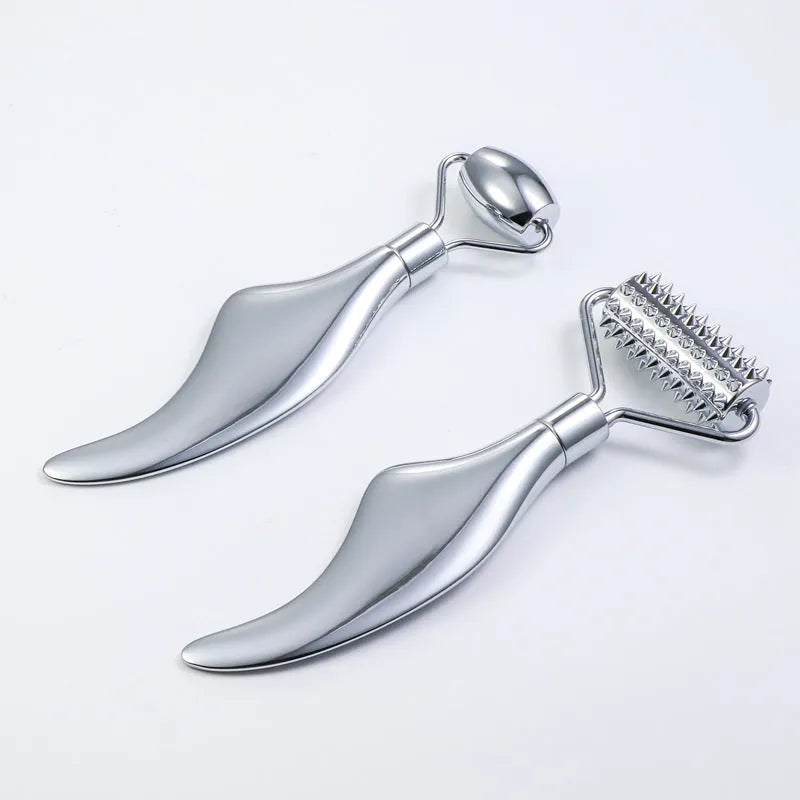 Stainless steel facial massage tool set with heart-shaped eye board and dual-head roller