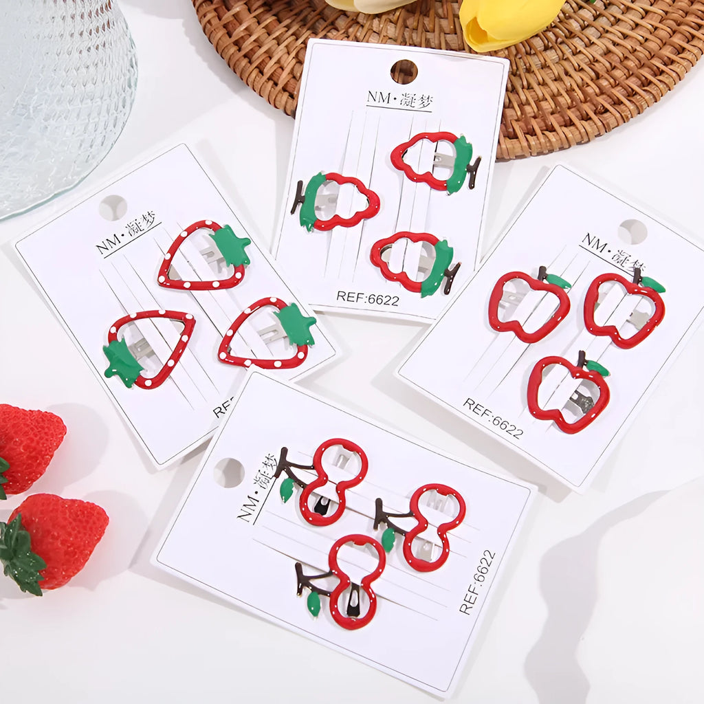 Children's plastic cartoon fruit hairpins in apple, cherry, and strawberry styles, gentle on hair