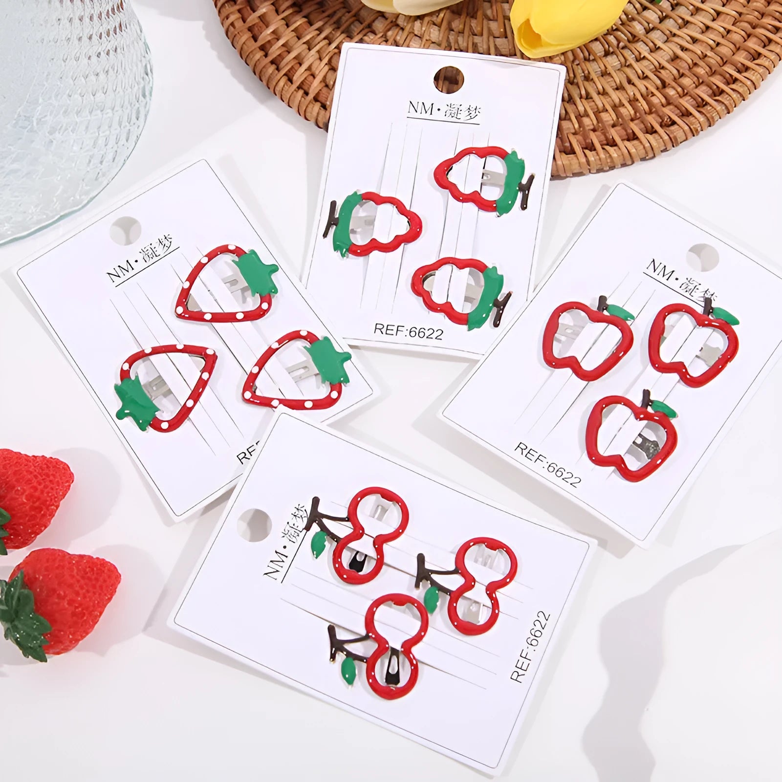Children's plastic cartoon fruit hairpins in apple, cherry, and strawberry styles, gentle on hair