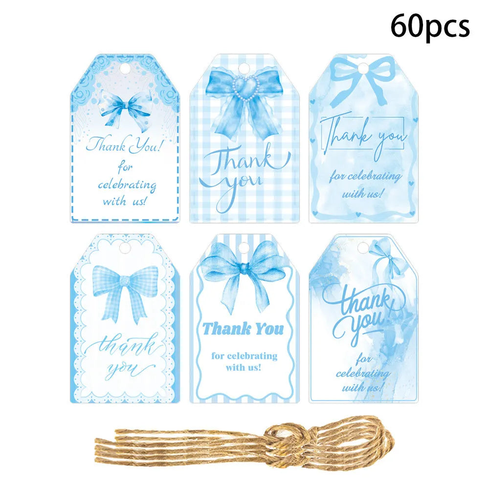Set of 60 paper birthday gift tags with natural hemp rope in three bowknot designs.