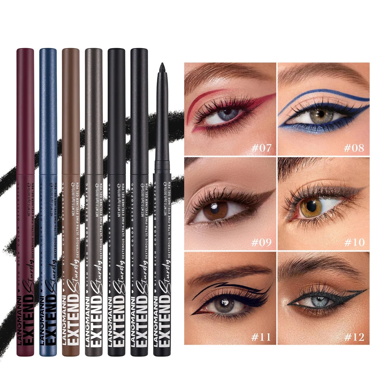 Set of 12 colourful gel glitter eyeliner pencils showing matte, glitter, metallic, and pearl effects