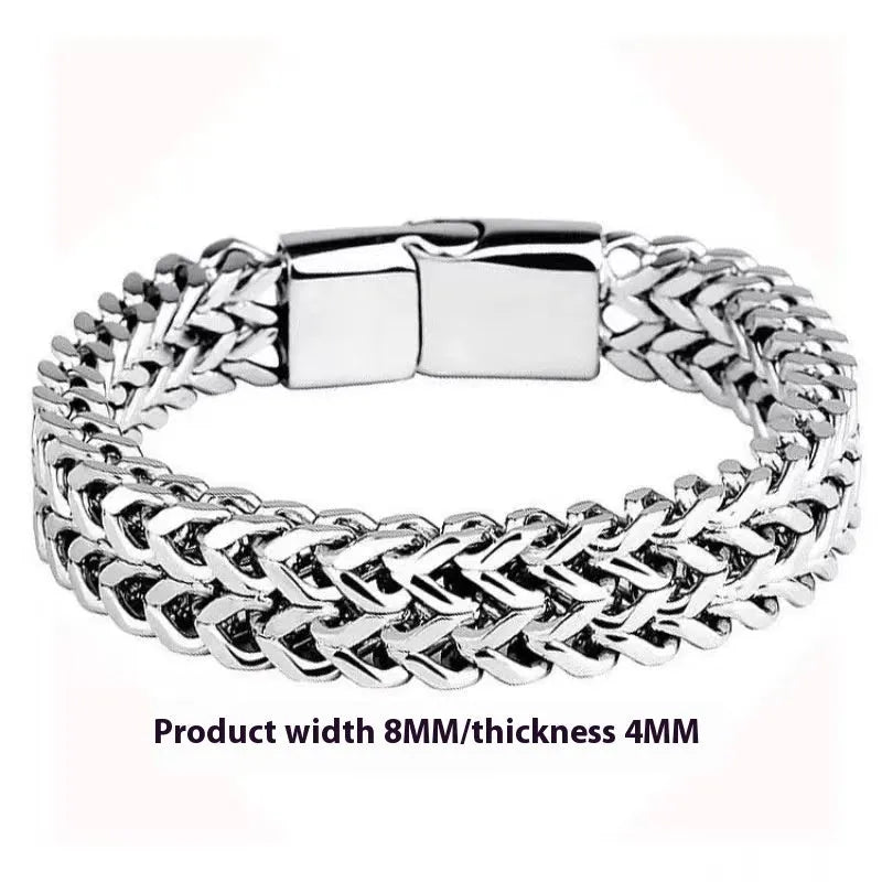 Silver titanium steel geometric hip hop bracelet showing front and back design with chain links