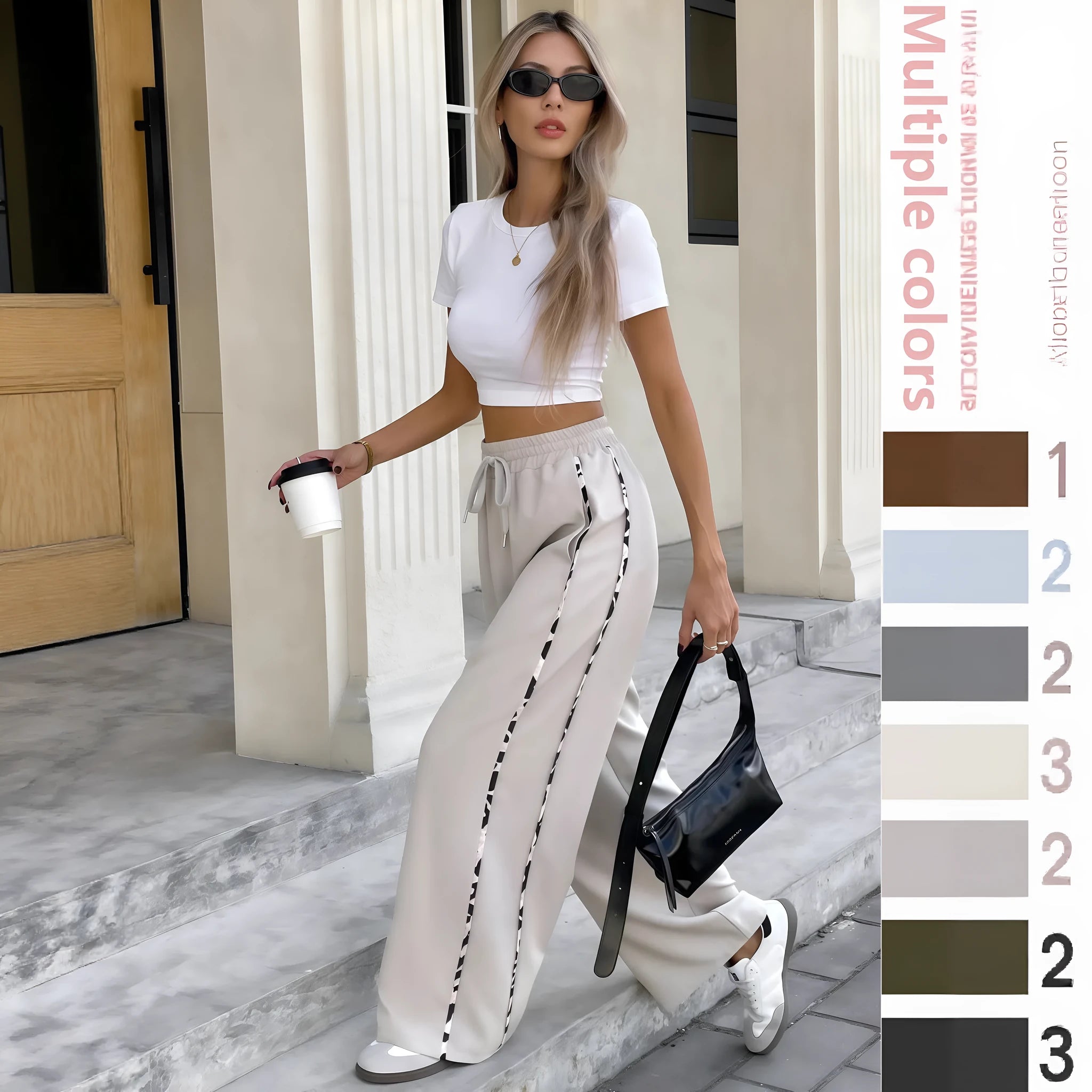 Women's loose high-waist casual trousers with a front lace-up drawstring detail in a straight-leg cut.