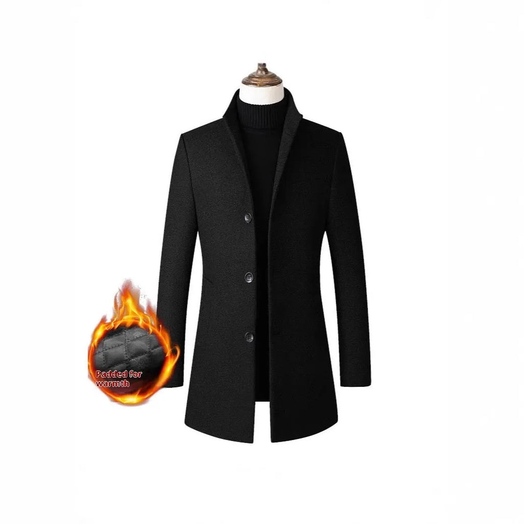 Men's single-breasted stand collar wool winter coat in solid colour front view