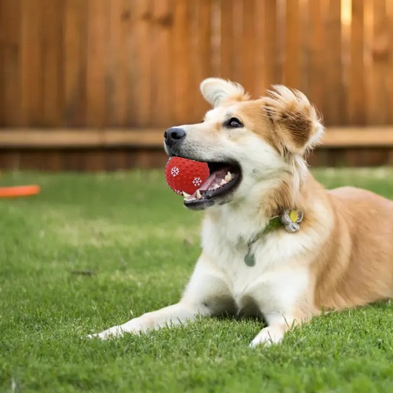 Red dog toy ball with squeaker and air vents, 7 cm diameter, floating on water