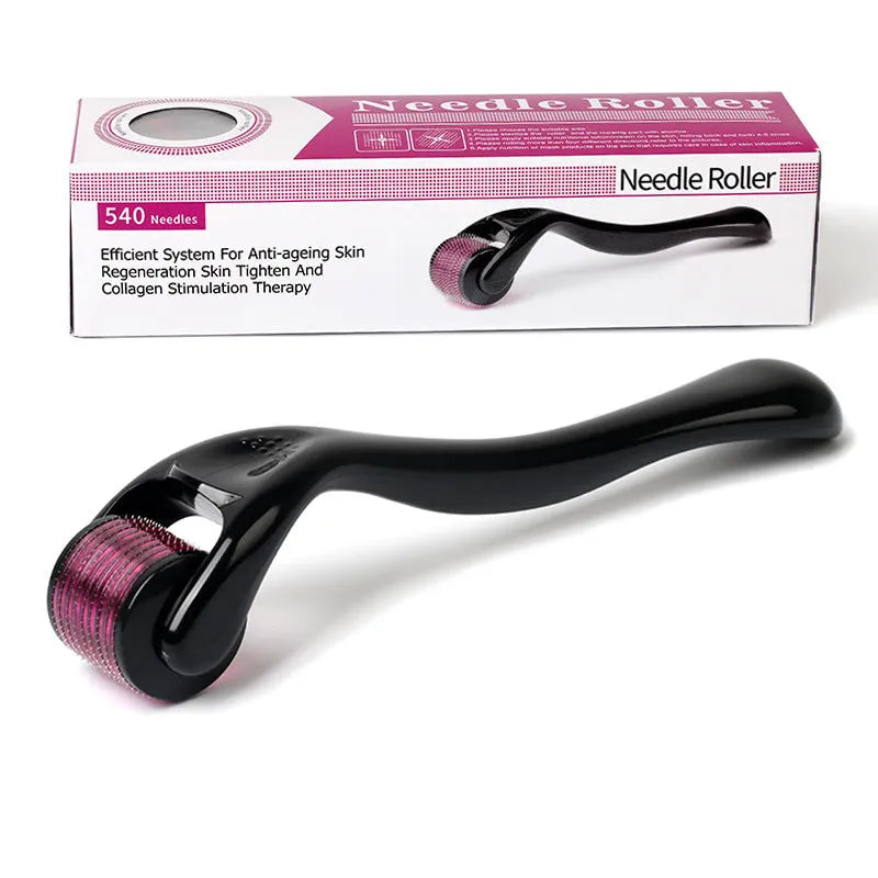 Black and purple derma rollers with titanium microneedles for facial, scalp and body skincare