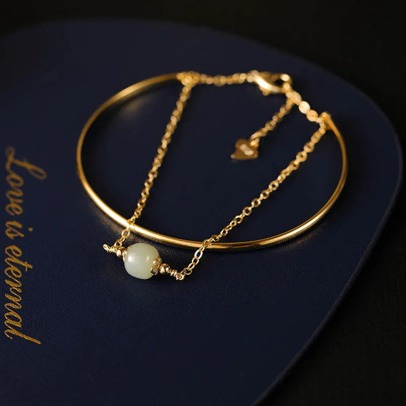 Jade lucky beads bracelet with gold inlay treatment in women's faux two-piece style